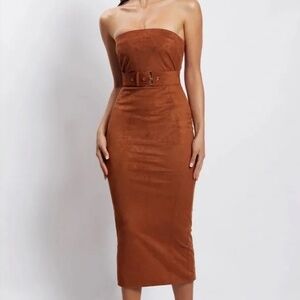 MESHKI | Fall Winter Bella Suede Belted Midi Strapless Dress Tan | Size Medium
